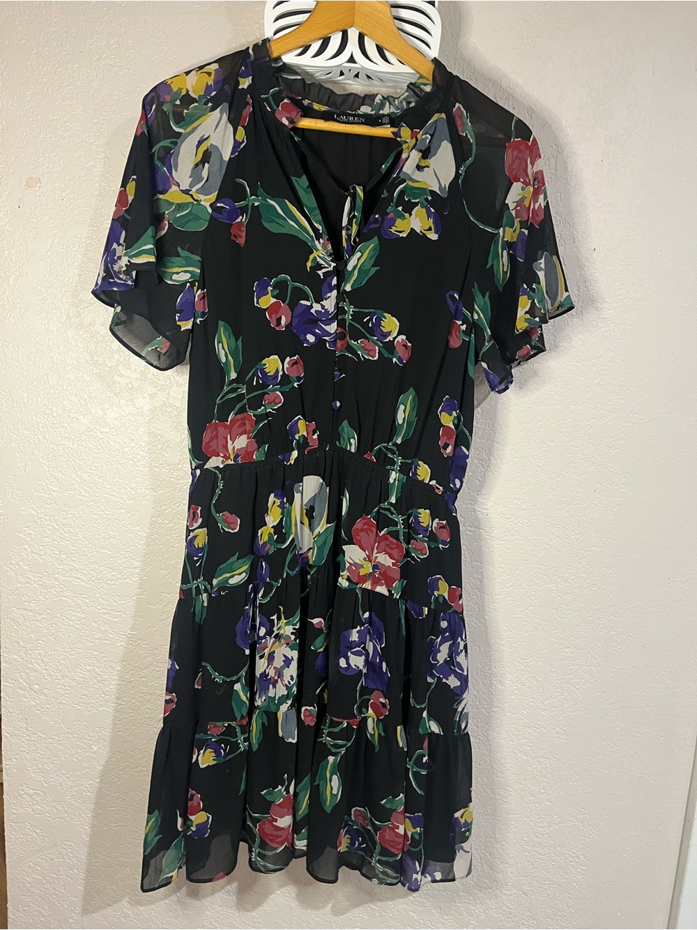 Ralph Lauren Black Floral Tiered Short-Sleeve Dress